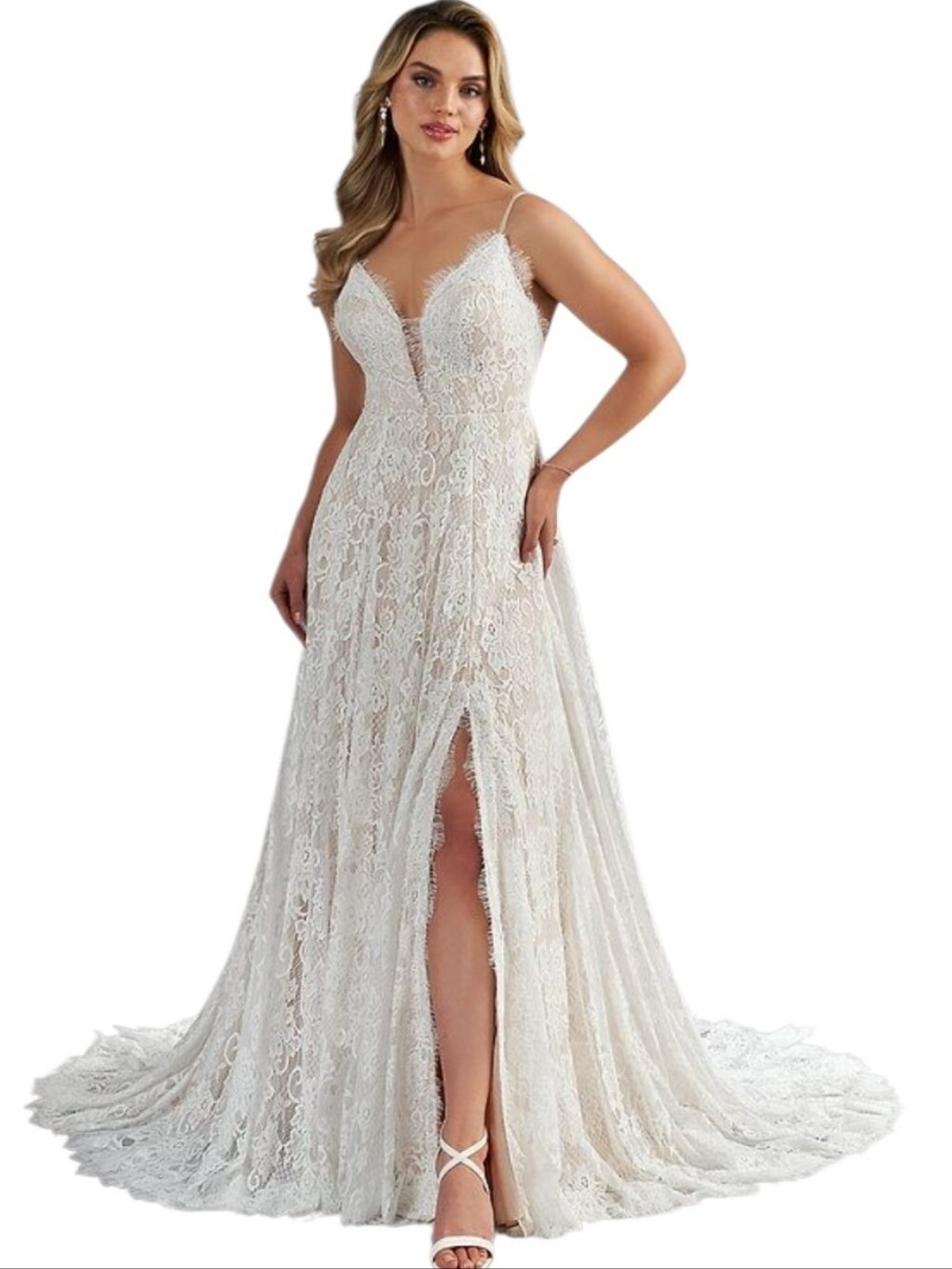 Azazie Diamond White Floral Lace & Champagne Nwt James Front Slit Wedding Dress